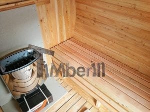 Barrel garden sauna with canopy terrace and electric heater 19