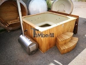 Wood fired outdoor hot tub rectangular deluxe with outside heater 2