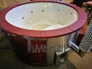 Fiberglass lined outdoor hot tub integrated heater with wood staining in red 19
