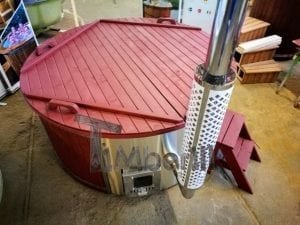 Fiberglass lined outdoor hot tub integrated heater with wood staining in red 30